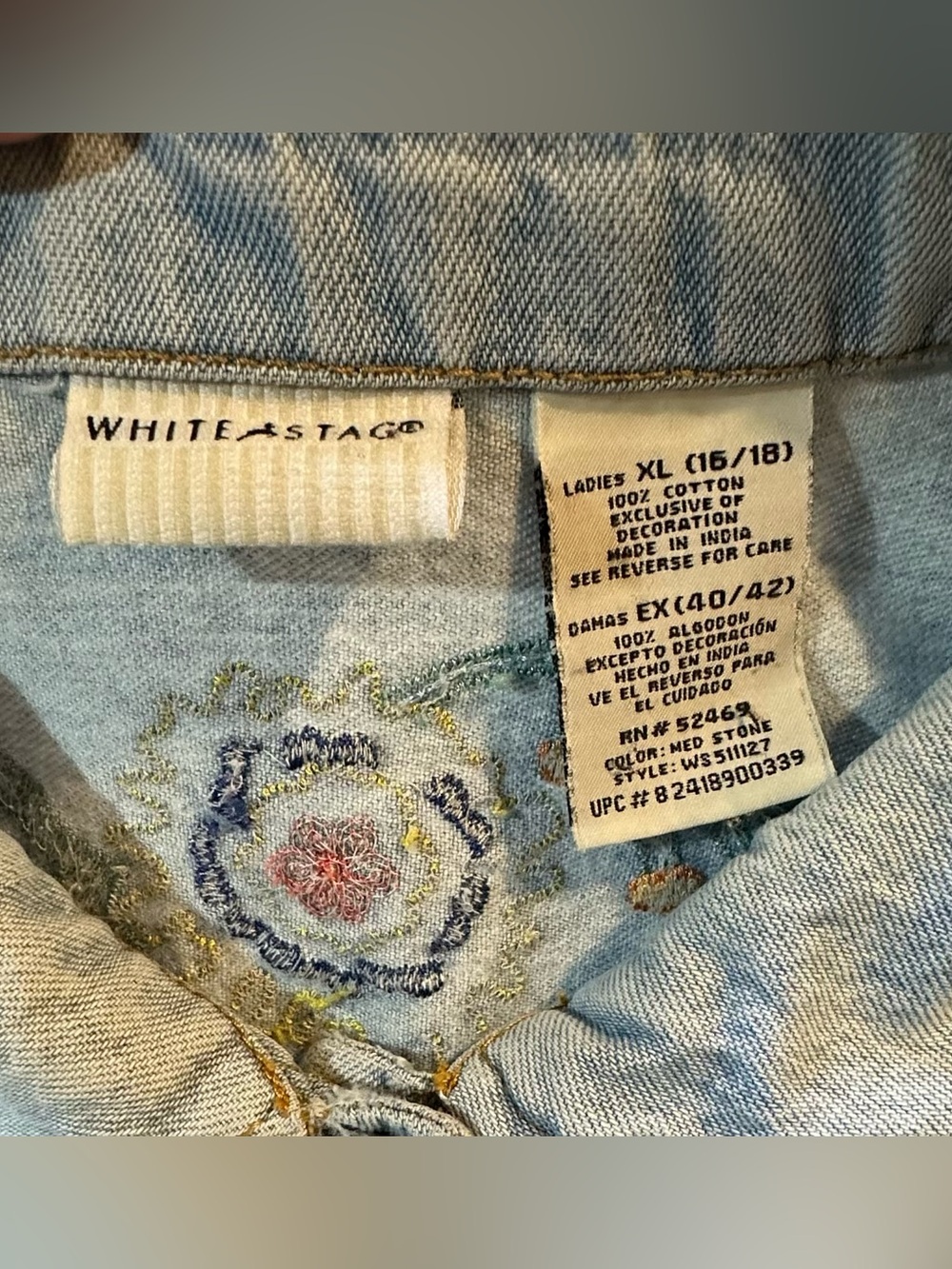 White Stag Light Blue Denim Jacket with Multicolor Floral Embroidery. - Picture 6 of 15